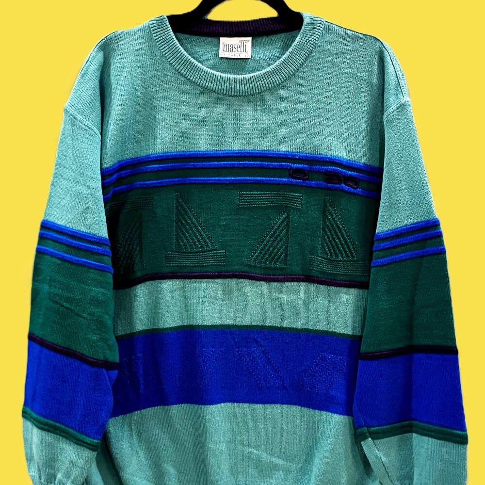 Vintage Maselli 1990s Color-Block Knit Sweater – Green & Blue